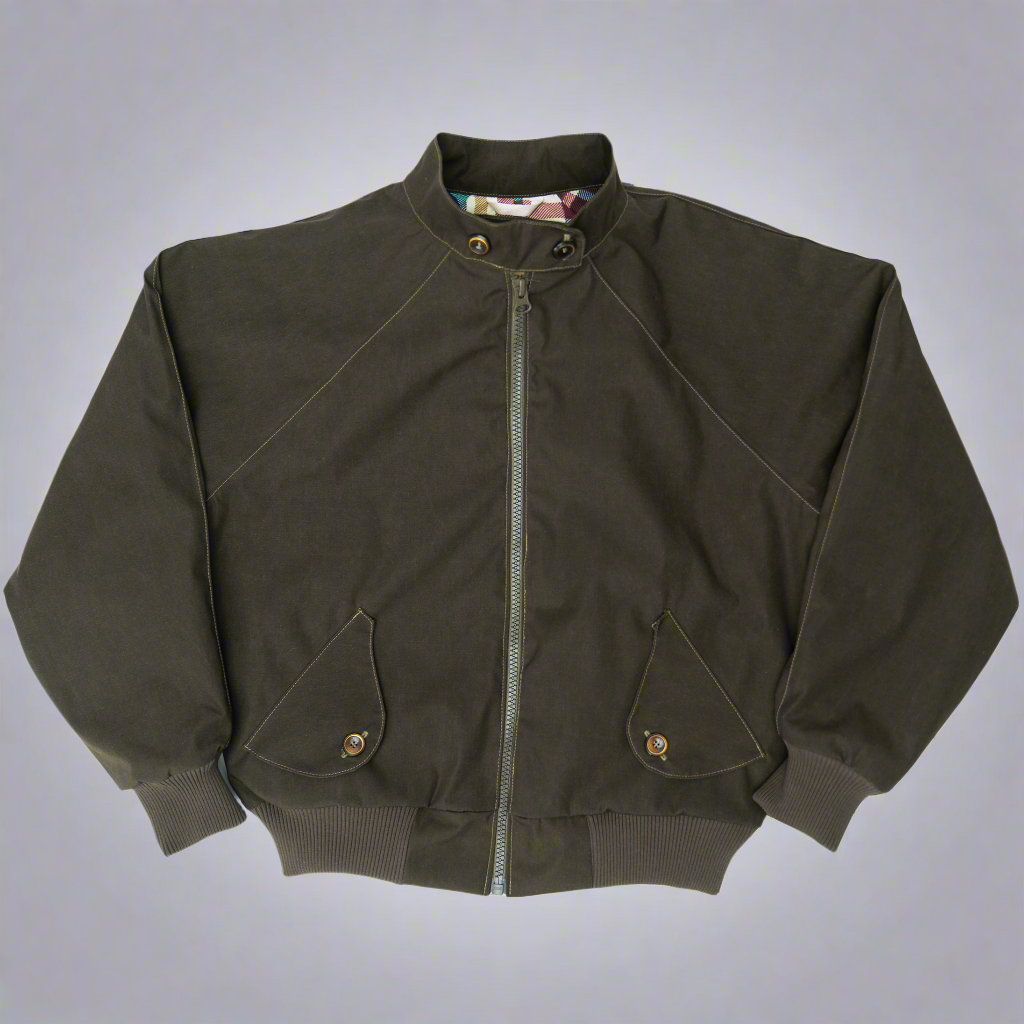 Close-up of the Italian iridescent green and gold buttons on the jacket placket.