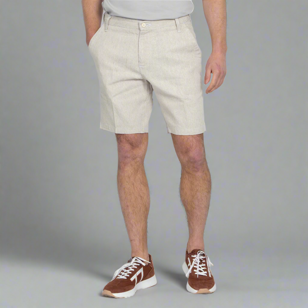Dearborn Denim hemp shorts laid flat, showing the light heathered undyed fabric and belt loops.