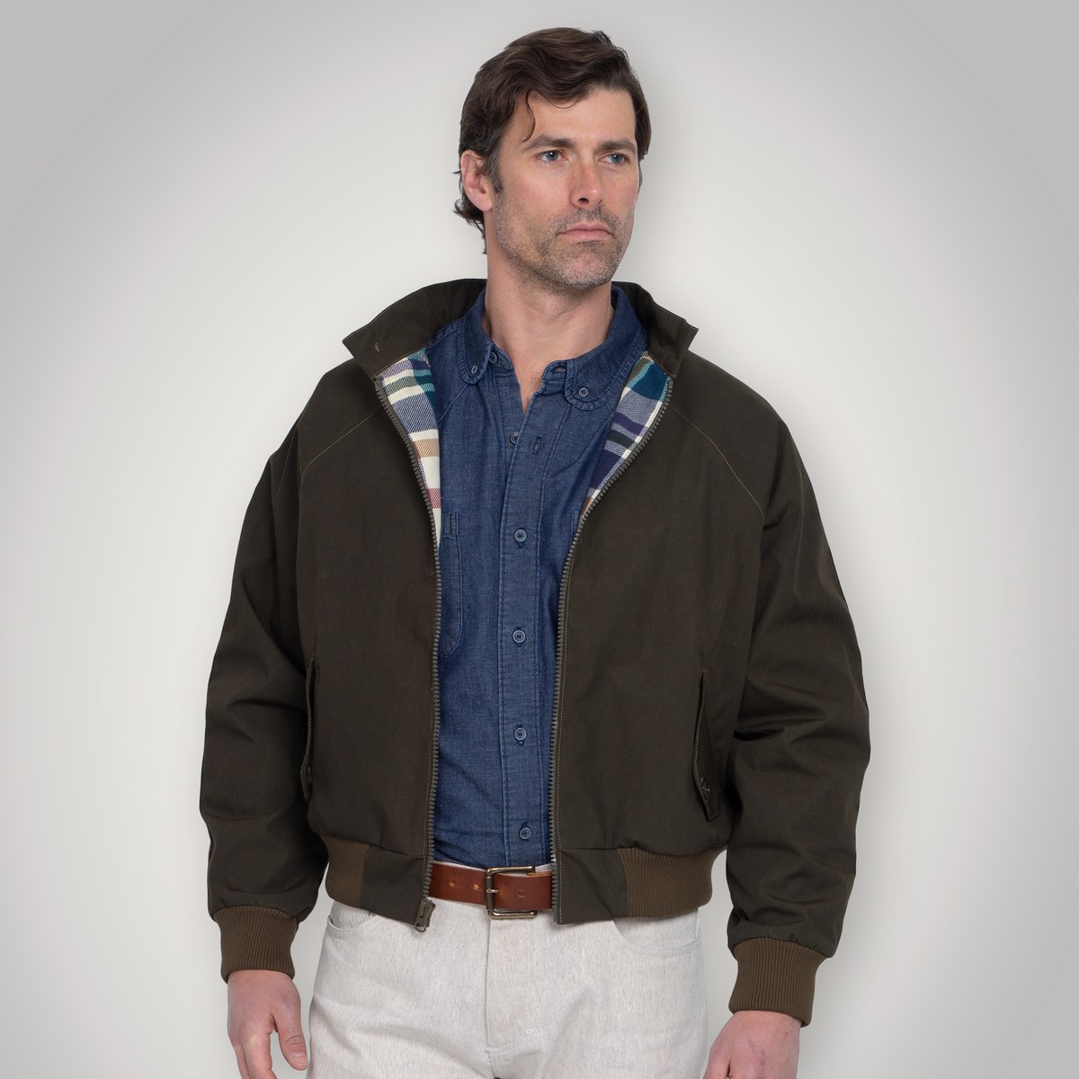 Man wearing the olive Harrington jacket, front view, standing.