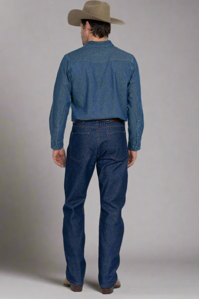 Long Ryder Model 1 indigo jeans shown front on, high rise with wide straight legs.