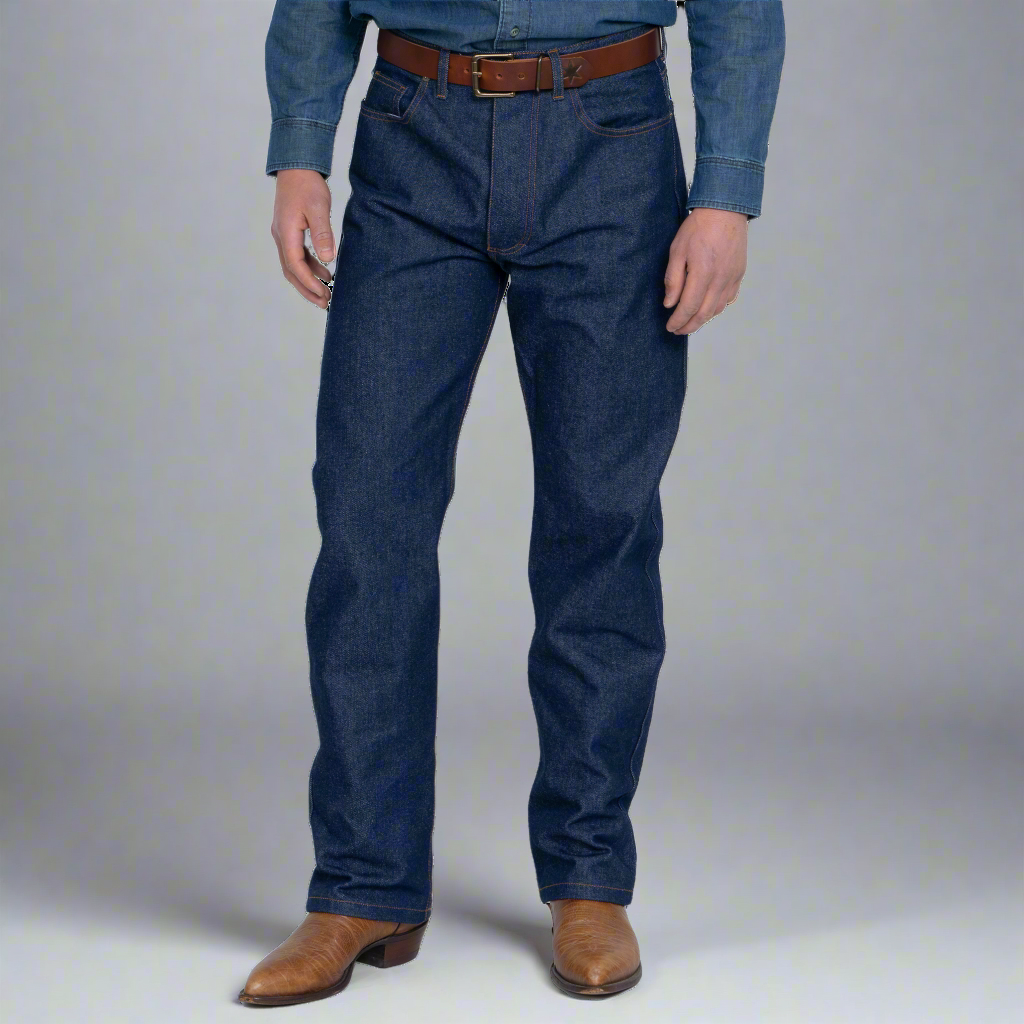 Close-up of the button fly and high waistband with belt loops on indigo denim.