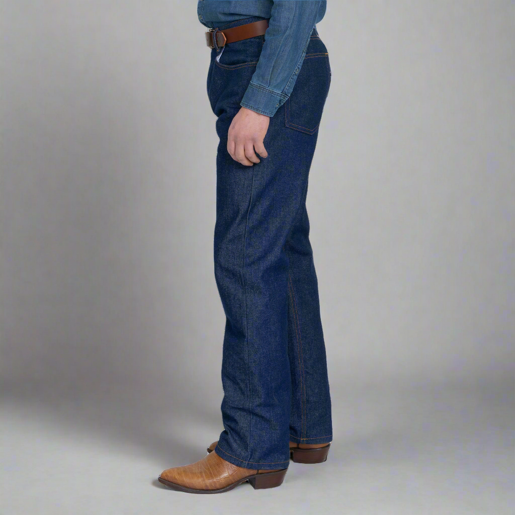 Close-up of the 14oz American-made cotton denim weave and stitching.