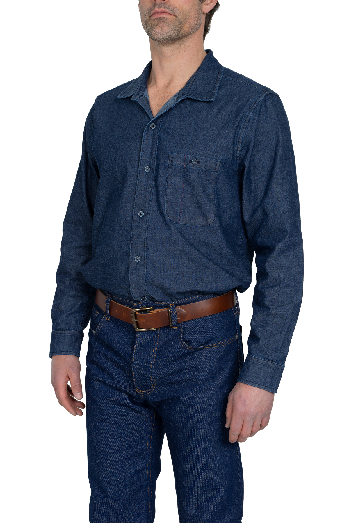 Close-up of the two-button cuff on the fitted chambray shirt sleeve