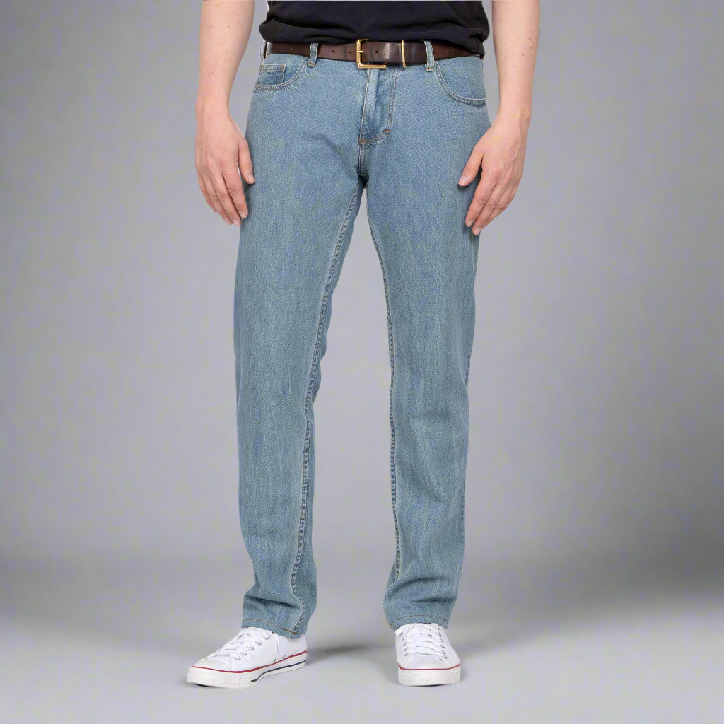 Tailored Fit iced indigo jeans in 10oz cotton denim, shown front on a model