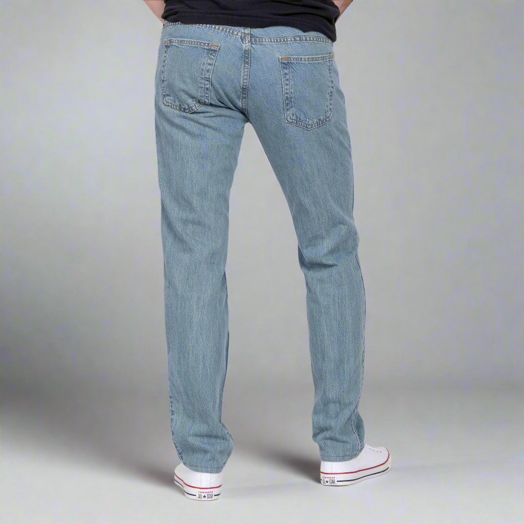 Close-up of the waistband, YKK zipper fly and front pocket stitching
