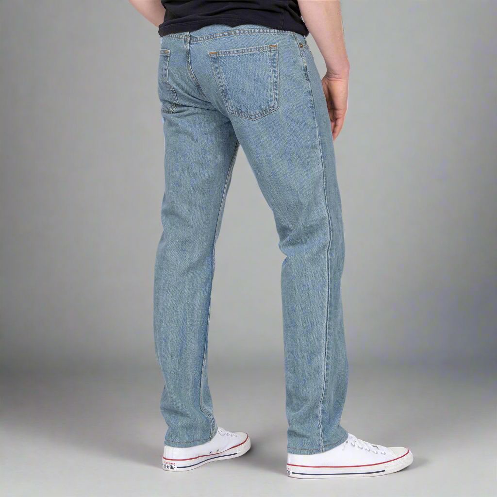 Back view of the iced indigo Tailored Fit jeans showing rear pockets and seat