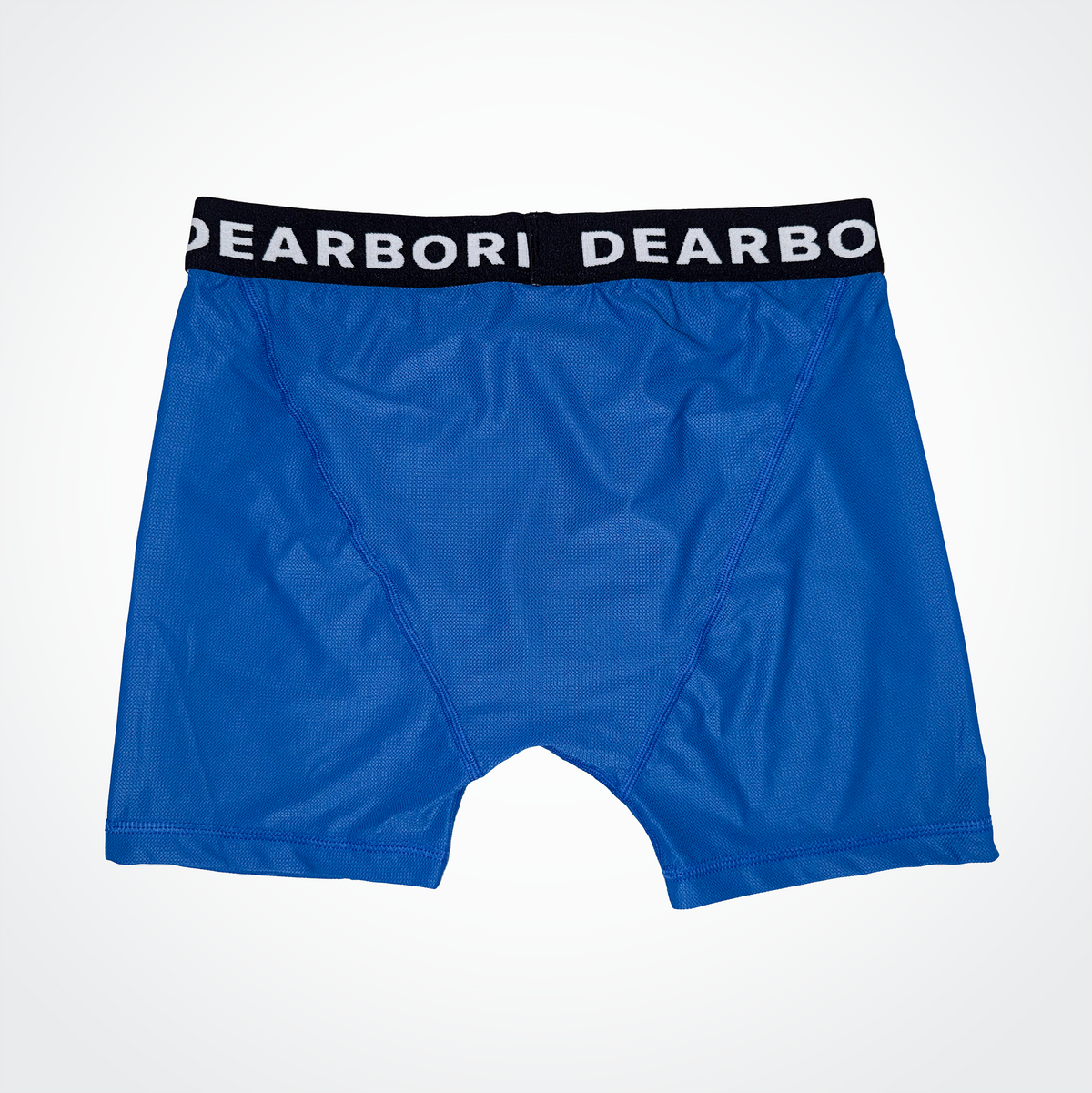 Back view of the blue performance mesh boxer briefs showing the seat and leg openings.