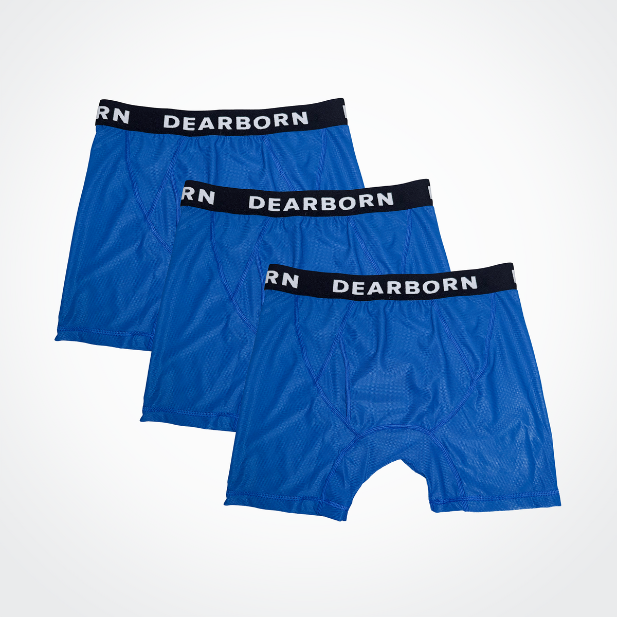Blue performance mesh boxer briefs with a thick jacquard knit waistband, shown flat from the front.