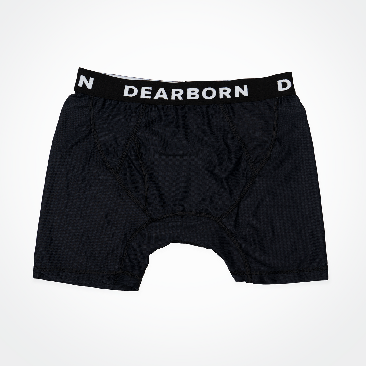 Back view of black performance boxer briefs showing mesh fabric and seams