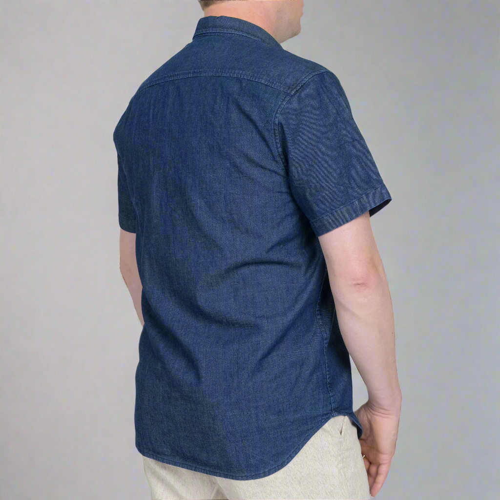 Detail of the Italian buttons and stone washed chambray fabric texture.