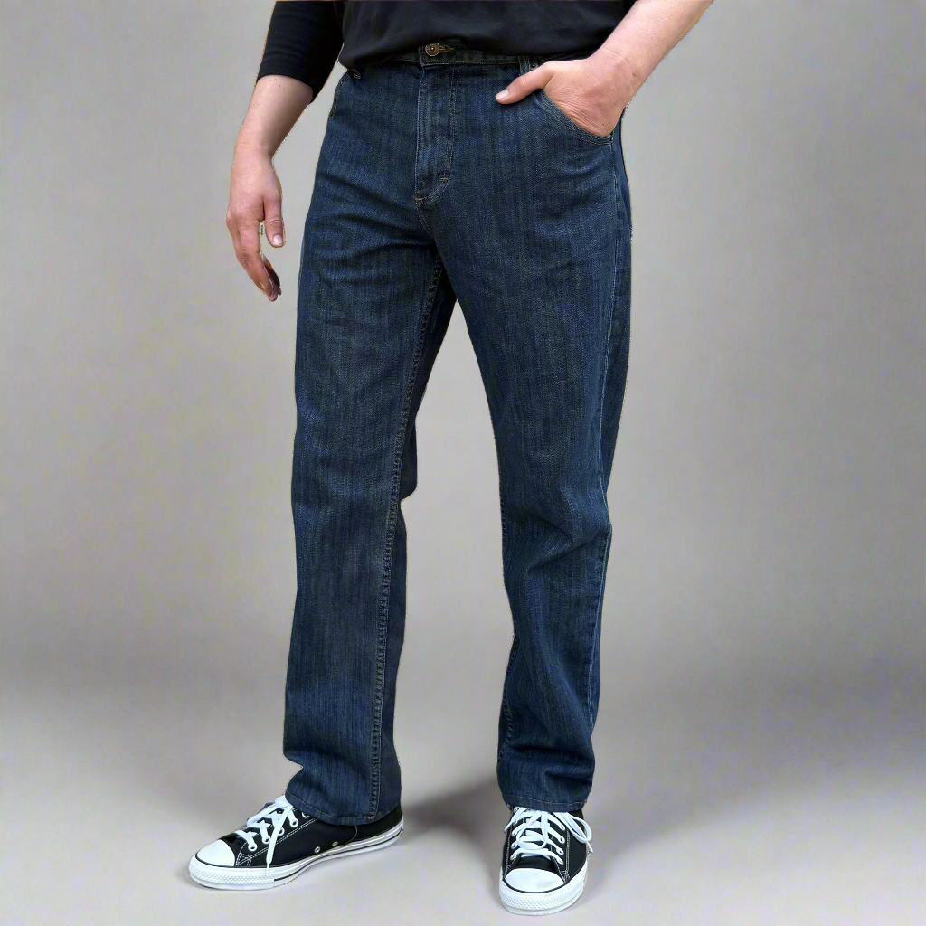 Long Ryder relaxed fit men's jeans in a stone wash, shown front view
