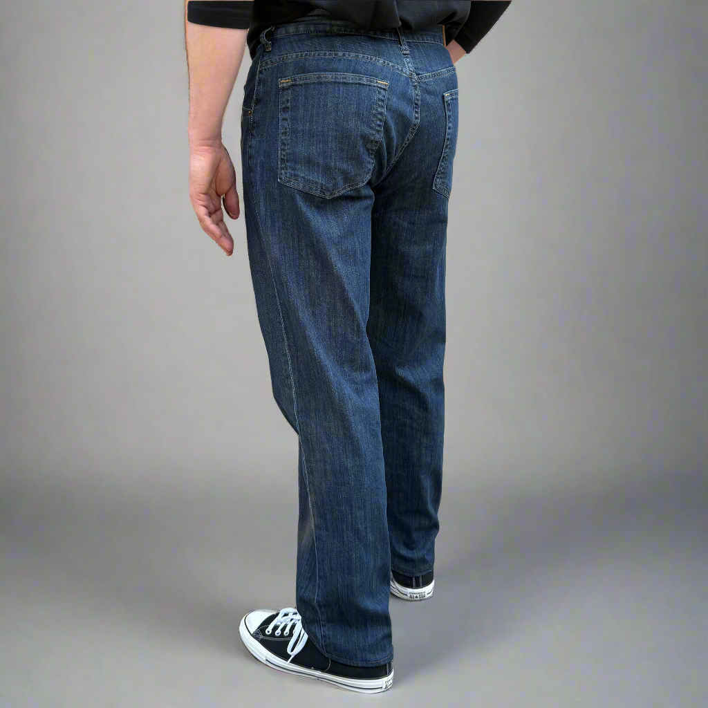 Detail of jeans front pocket, zipper fly and waistband