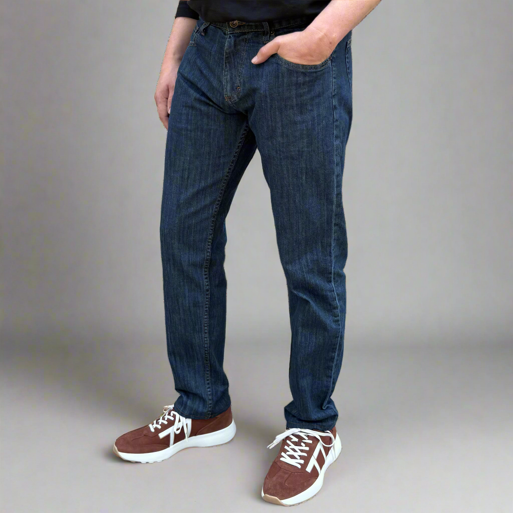 Close-up of the 12oz stone washed stretch denim fabric and stitching