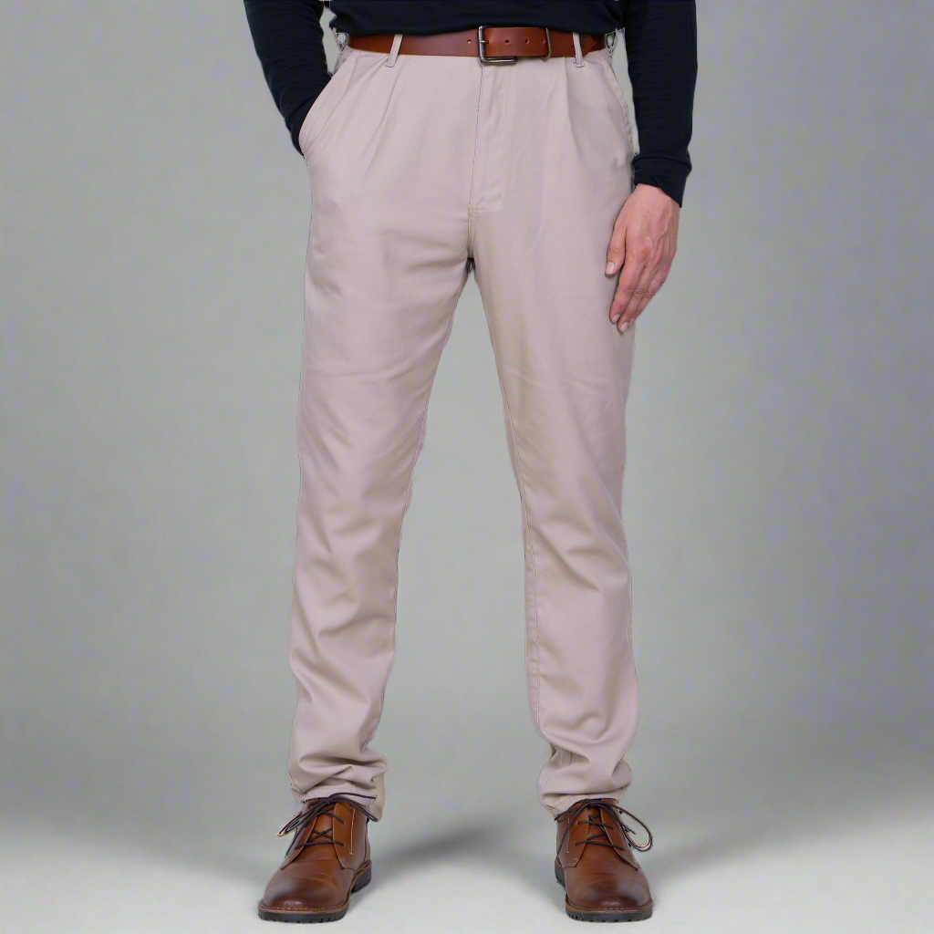 Close-up of the chino waistband with branded Italian button and YKK zipper fly.