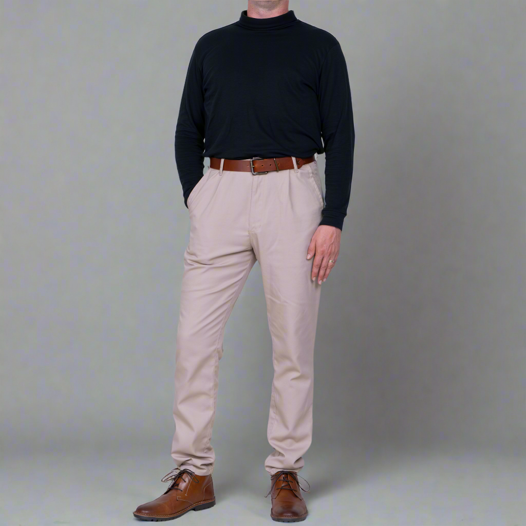 Detail of the brushed 8.5oz stretch twill fabric in khaki.