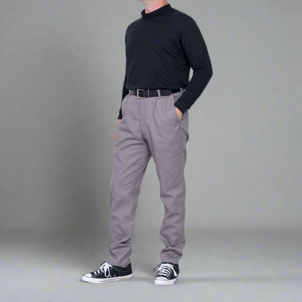 Tapered lower leg of grey chinos showing 14.5 inch leg opening