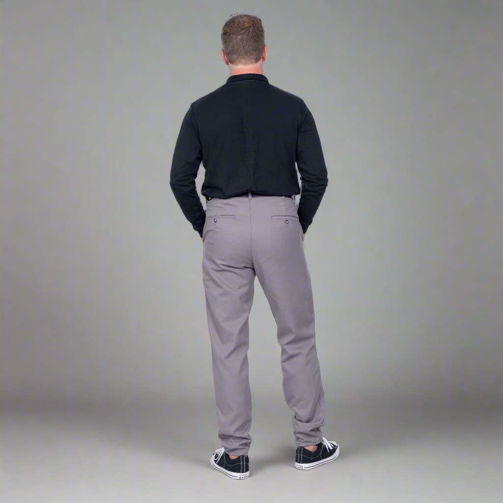 Front waistband detail with branded Italian button and YKK zipper