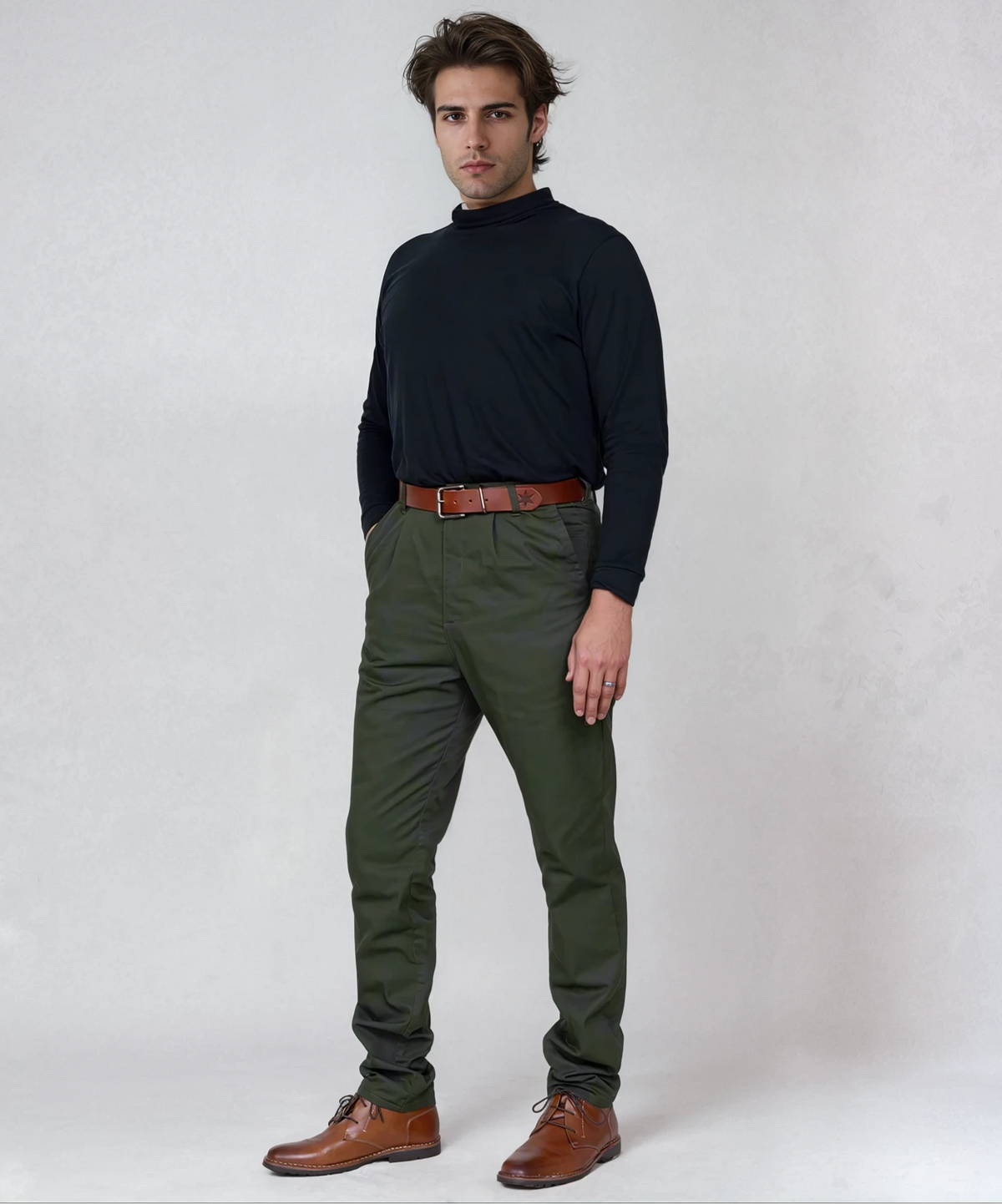 Olive high rise chino pants in a tailored fit, shown front view