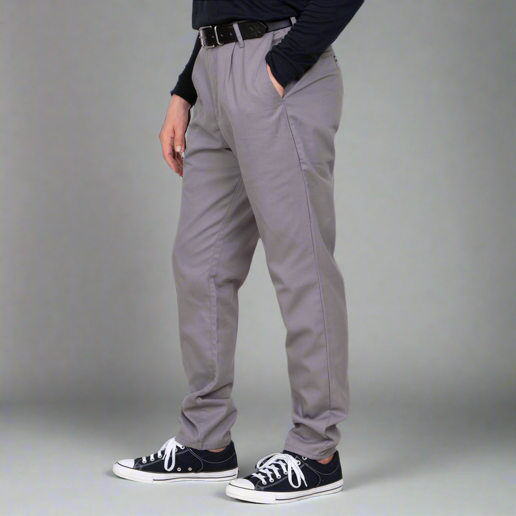 Back view of grey chinos showing welt pockets with button closures