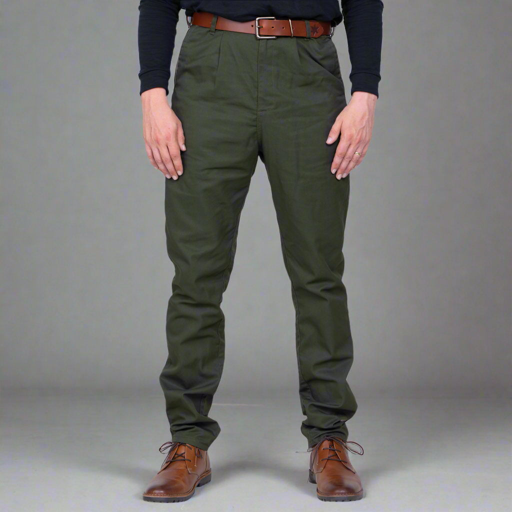 Back view of the olive chino showing rear pockets and tapered leg