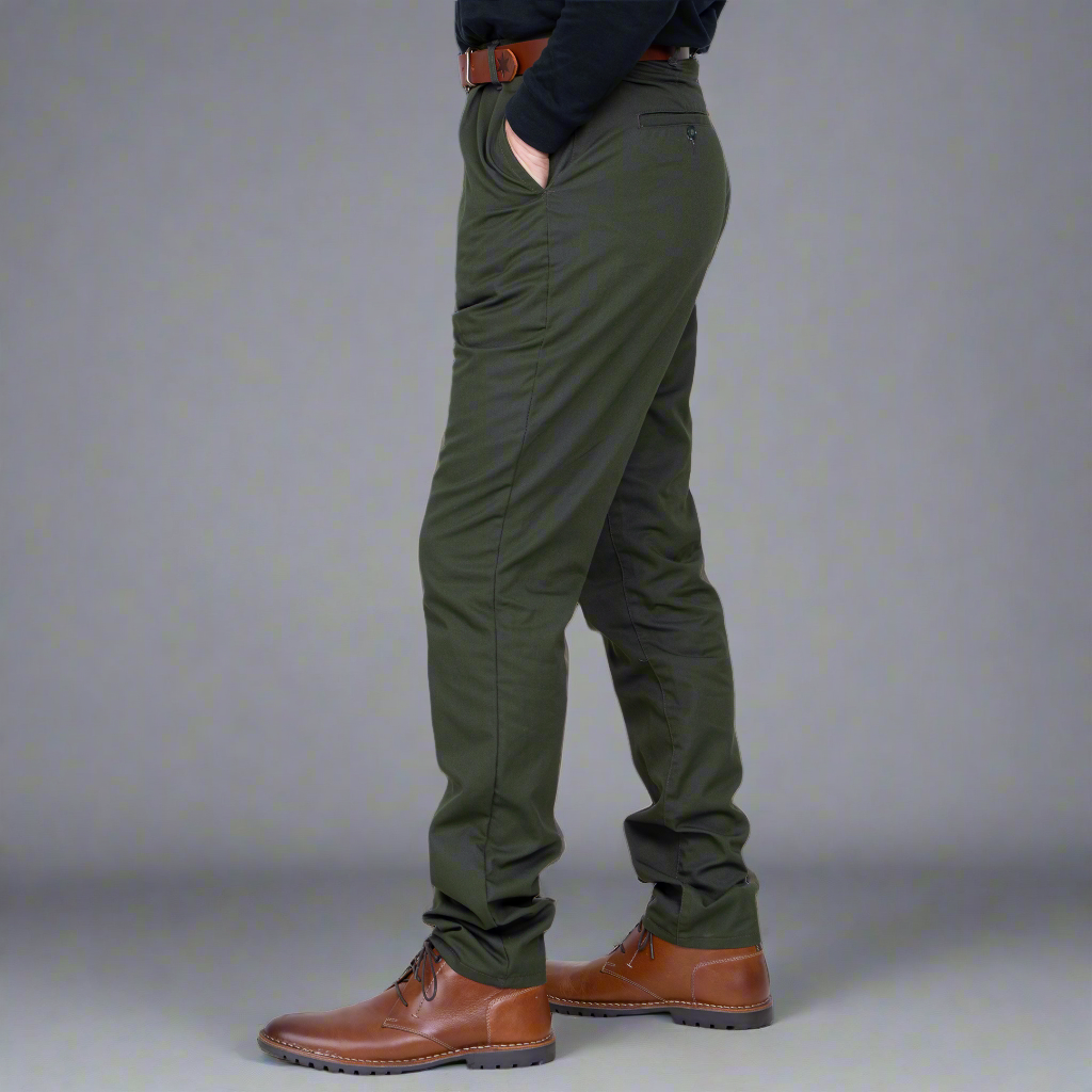 Close-up of the brushed olive stretch twill fabric