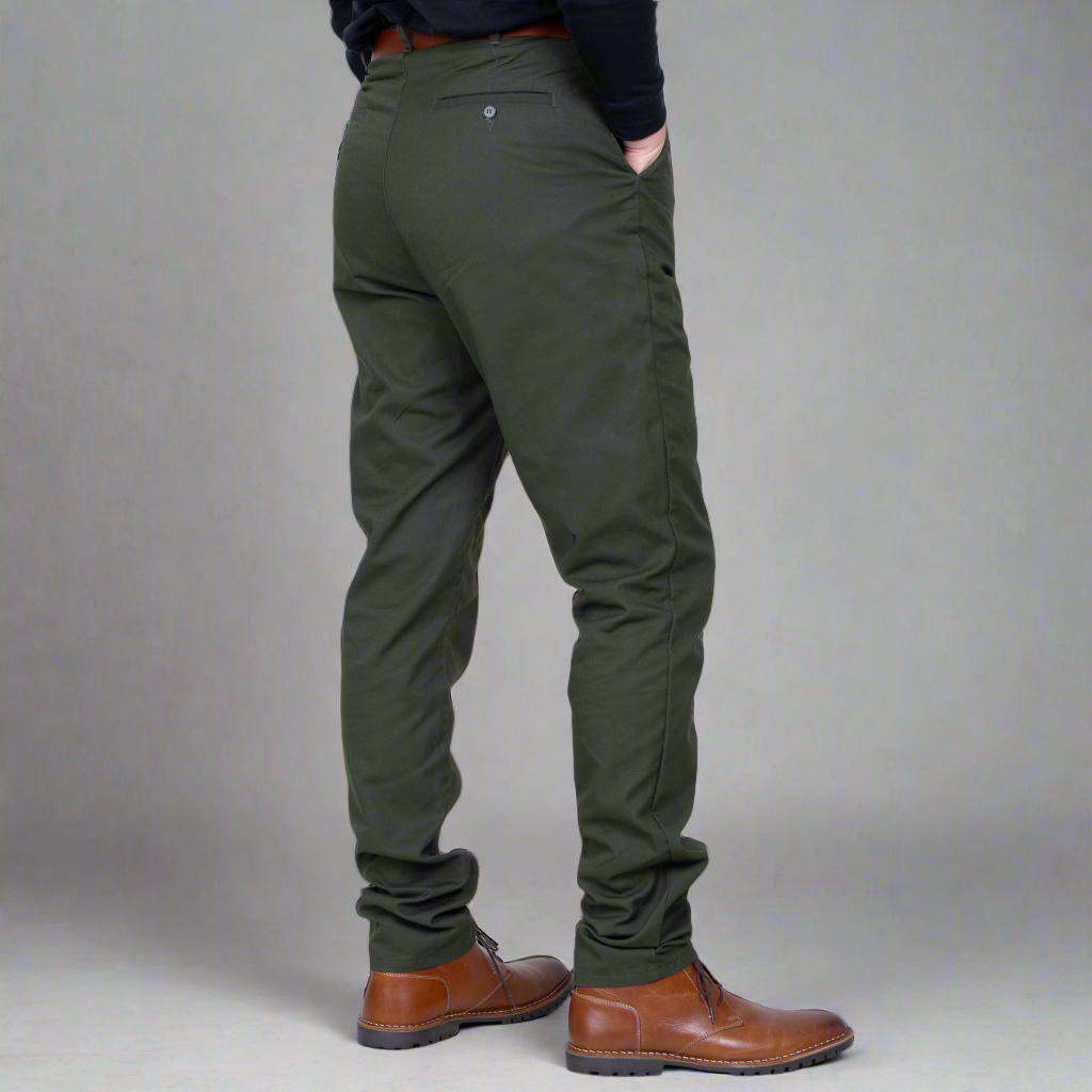 Close-up of the olive chino waistband with branded Italian button and YKK zipper
