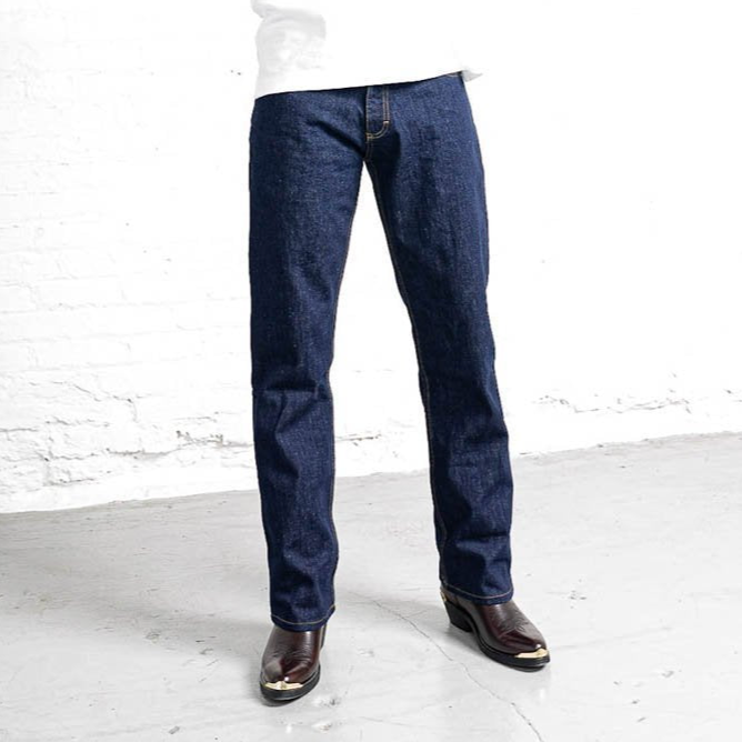 Dark wash boot cut jeans in 13oz 100% cotton denim, shown front view with five pockets and brass shank button.
