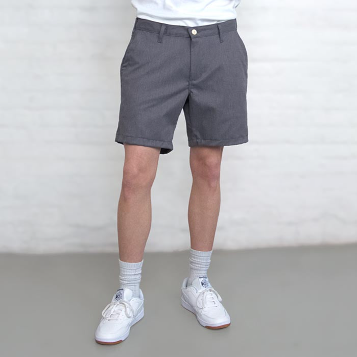Grey chino shorts with a 7 inch inseam, shown flat from the front