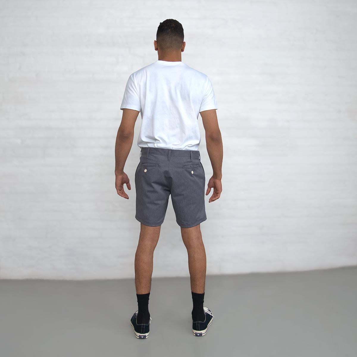 Detail of the brushed 8.5oz stretch twill fabric in grey