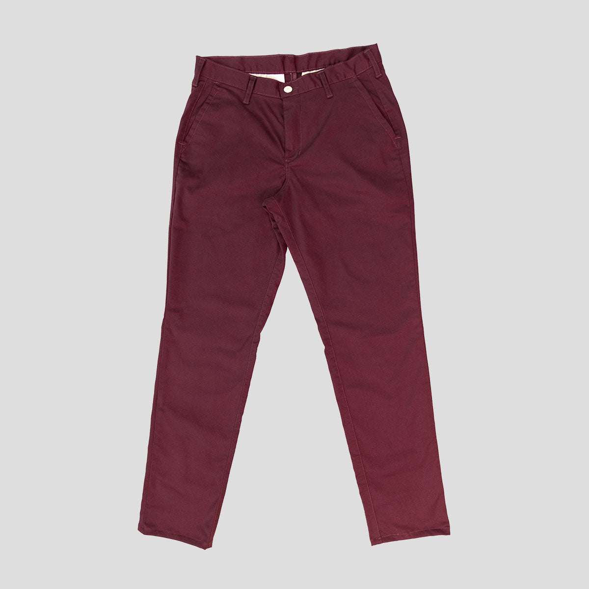 Back view of wine chinos showing button closure welt pockets