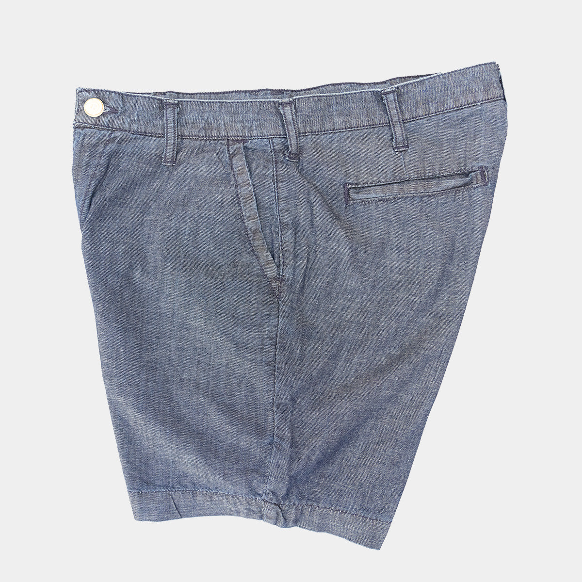 Back of chambray shorts showing two welted rear pockets and belt loops