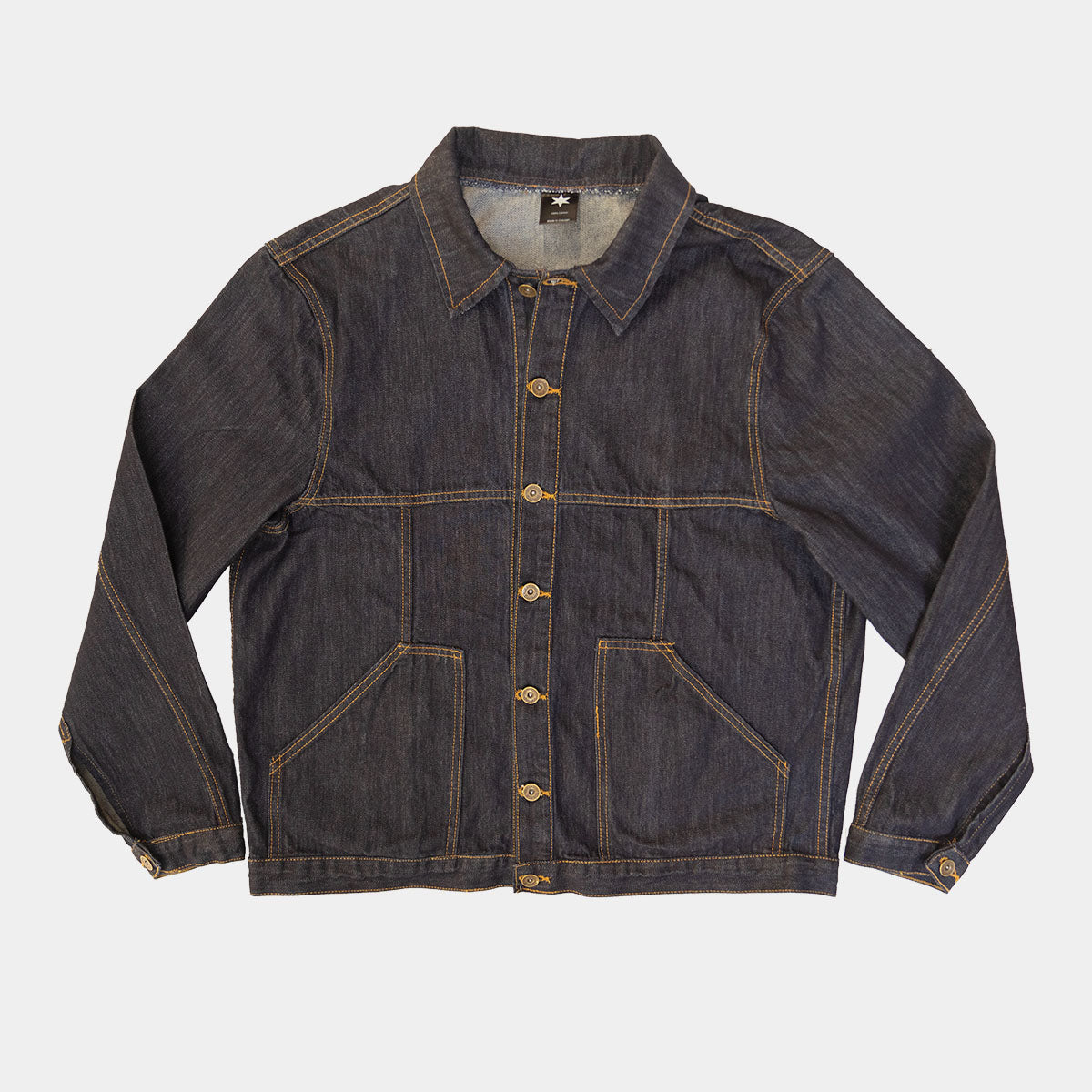 Dark wash denim jacket, front view, with brass buttons and yellow gold contrast stitching