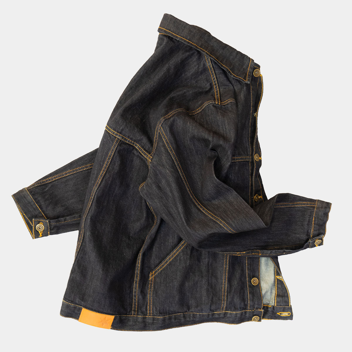 Horween leather patch on the dark wash denim jacket