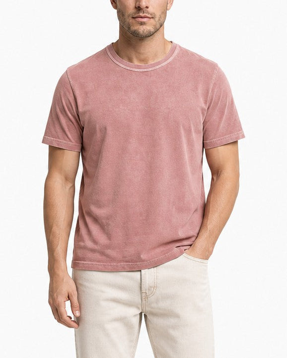 Front view of the fig t-shirt worn, showing the slight taper through the body.