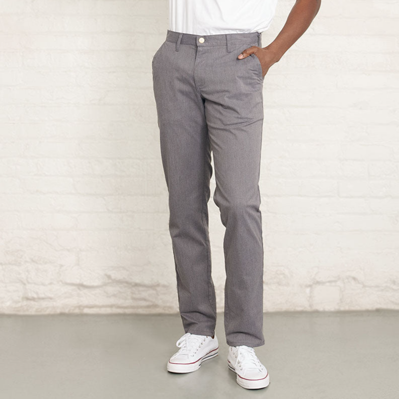 Grey stretch chino pants laid flat, front view