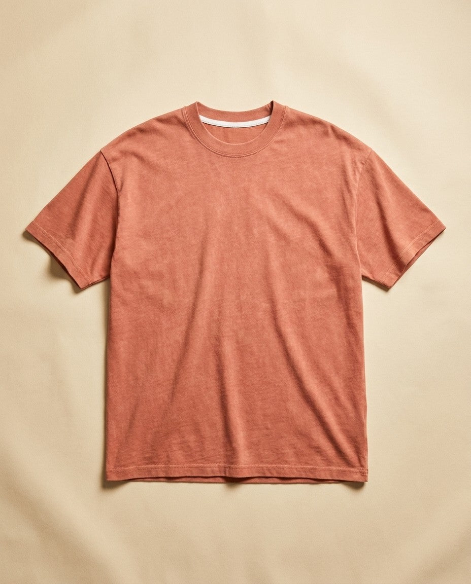 Stack of three madder root T101 t-shirts folded together.