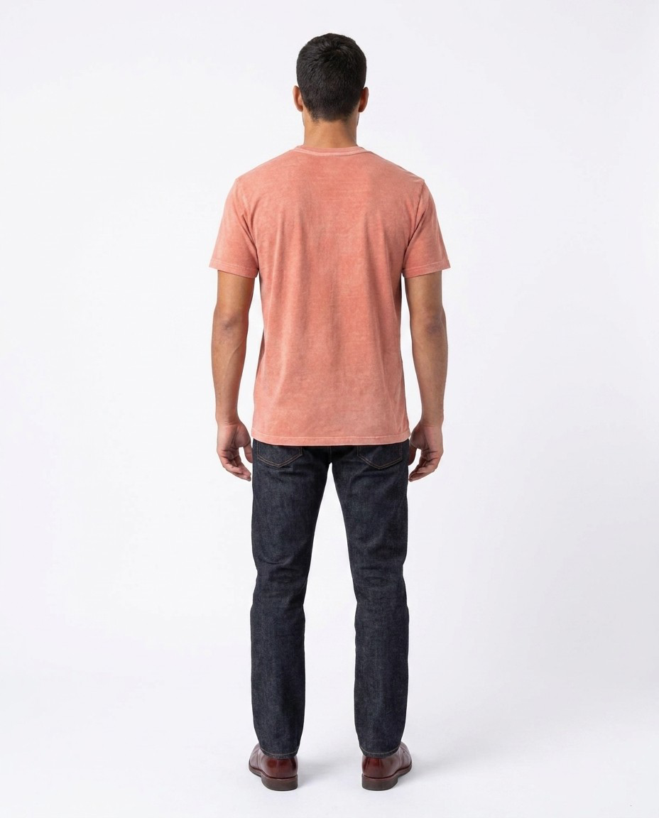 Close-up of the triple stitched collar and fine gauge interlock knit fabric.