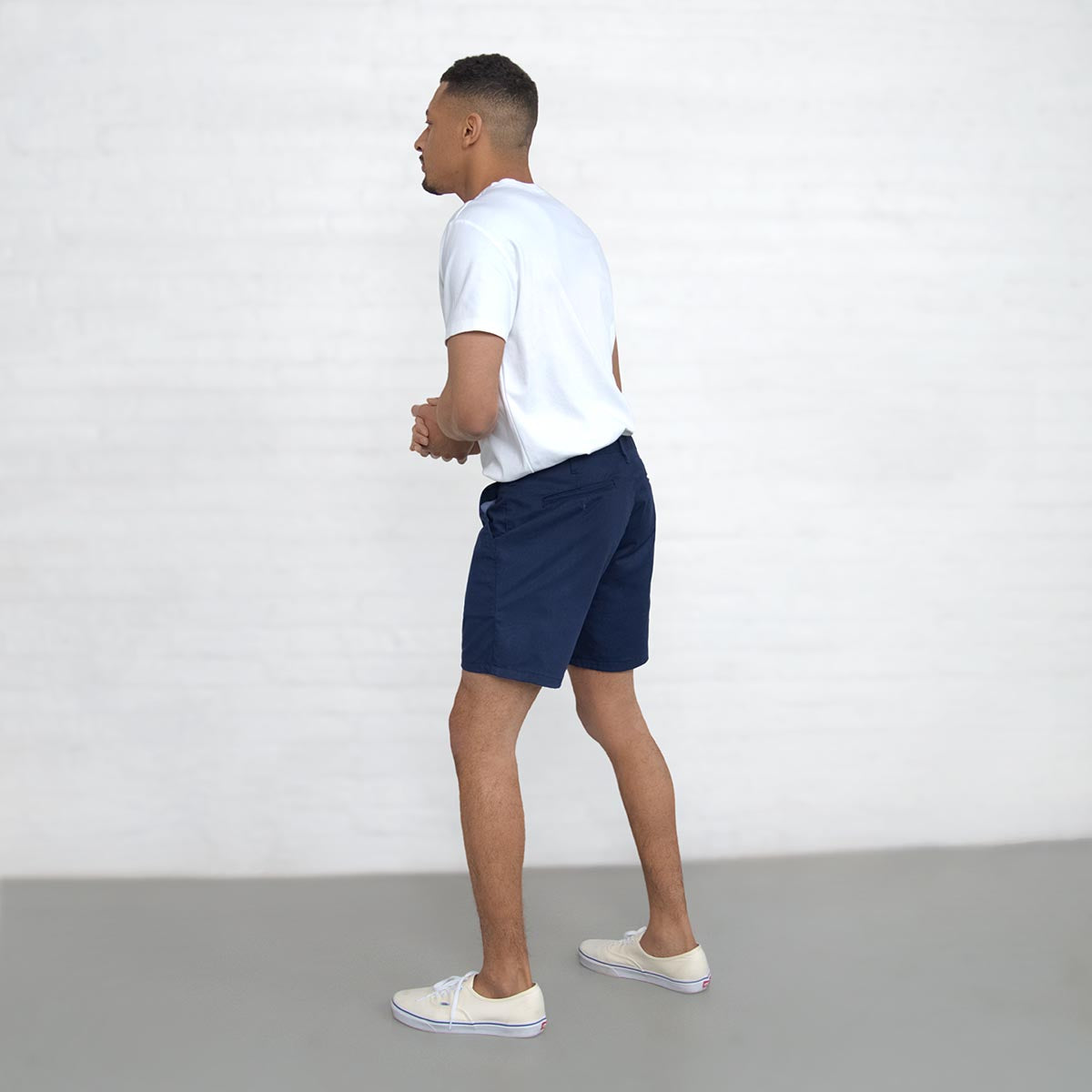 Close-up of the brushed navy stretch twill fabric.