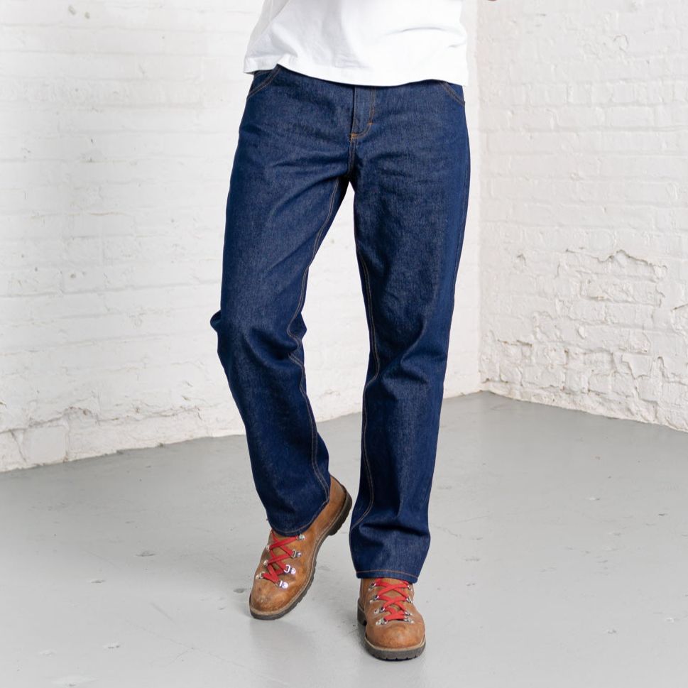 Dark wash relaxed fit men's jeans shown front on, straight through the leg to an 18-inch opening.