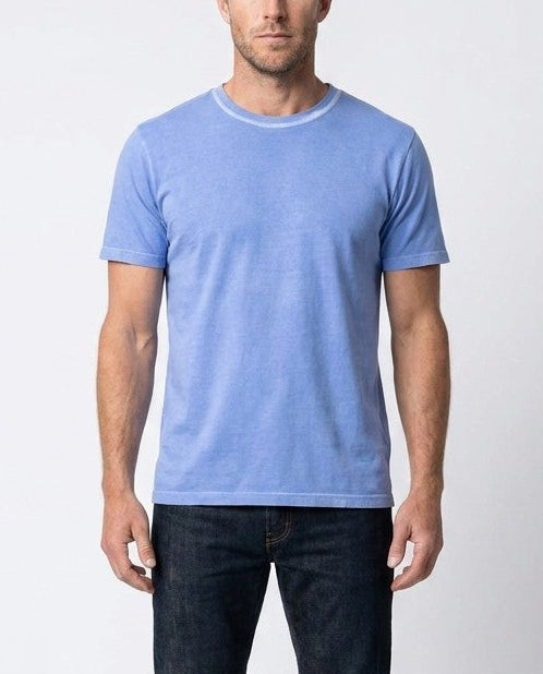 Close-up of the triple stitched collar on the sky blue T101 t-shirt.