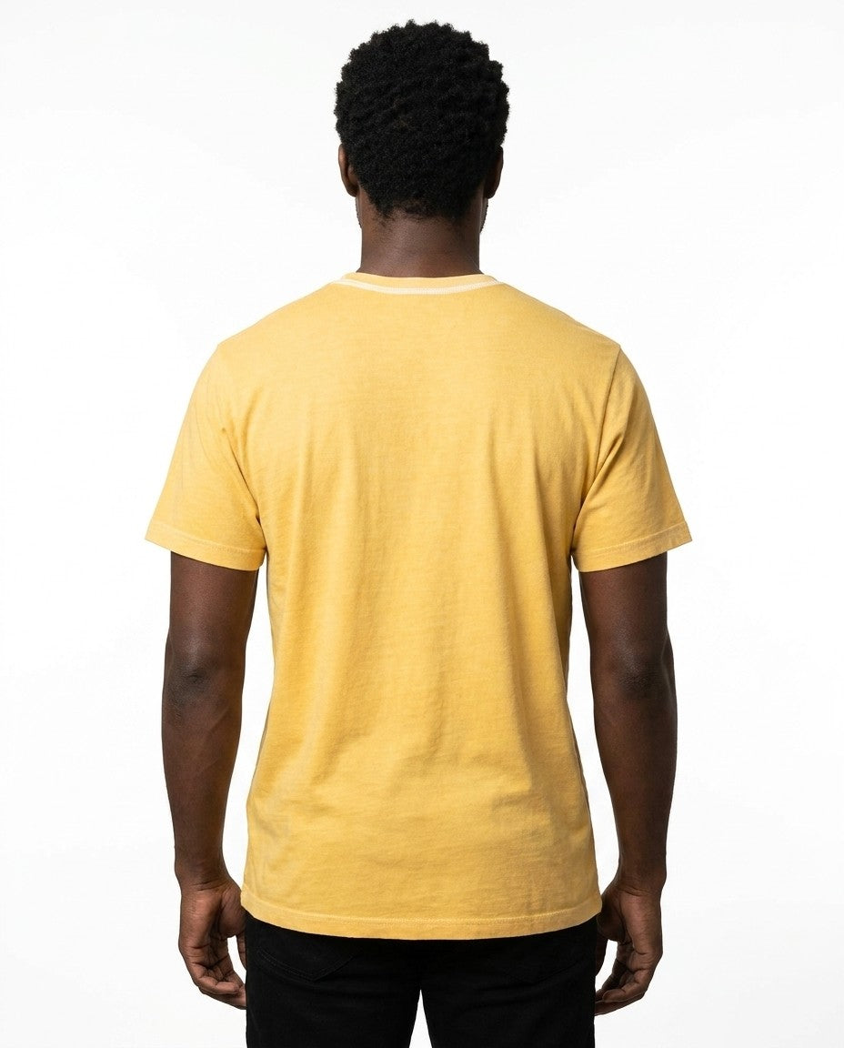 Detail of the triple stitched crew collar and shoulder seam on the sunflower tee.