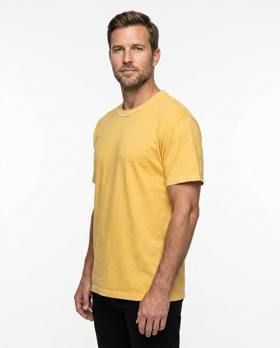 Back view of the sunflower yellow t-shirt showing the triple stitched collar.