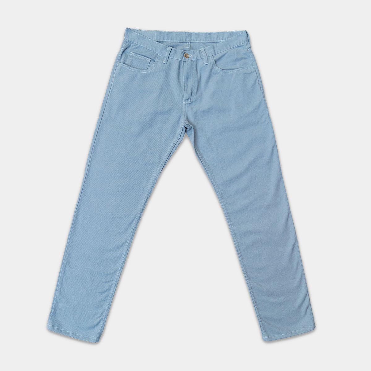 Slate 100% cotton tailored fit jeans shown front view, straight through the hip with a taper below the knee.