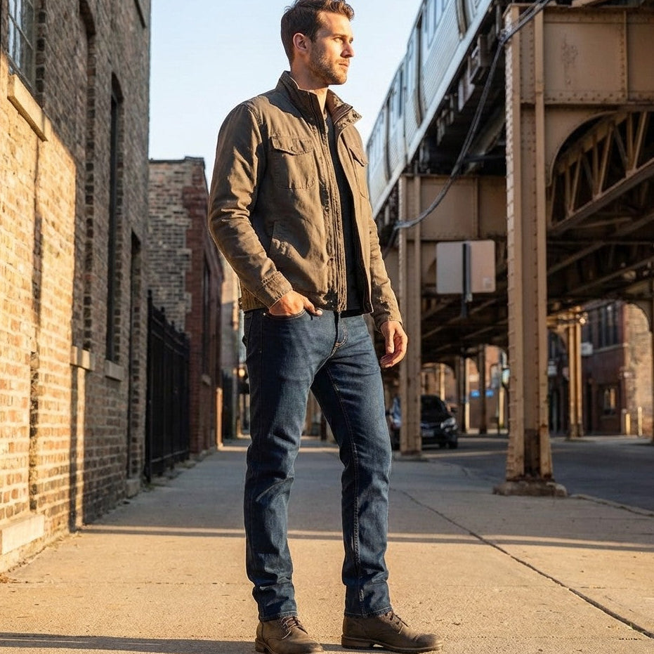Dearborn Denim Tailored Fit jeans in a medium stone wash, shown front-on with tapered leg and leather patch.