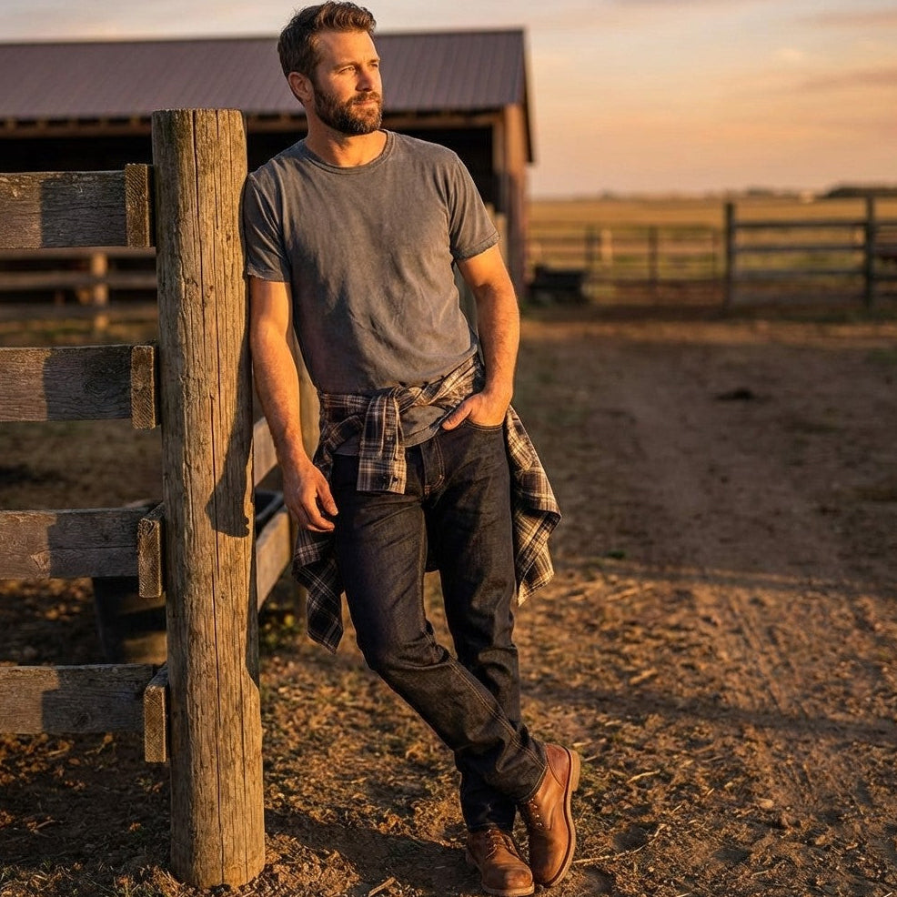 Dark wash Tailored Fit men's jeans shown front on, with medium rise, roomy thigh and tapered leg.