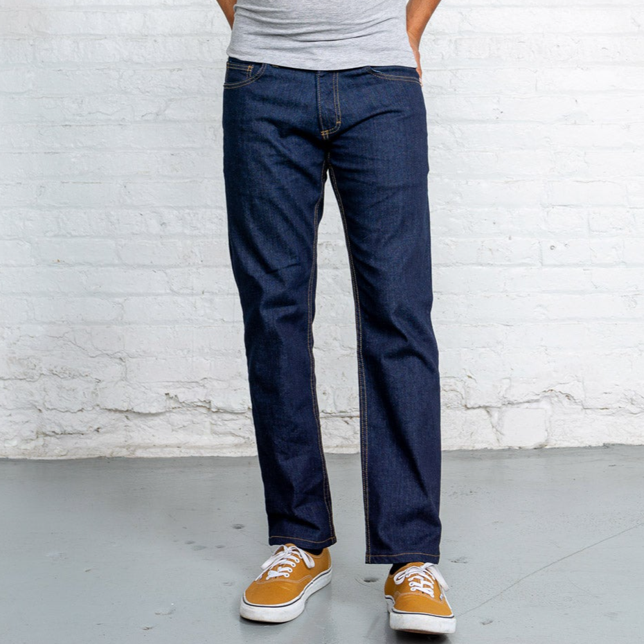 Dark wash Tailored Fit jeans with six pockets, including a side welt pocket, shown front view