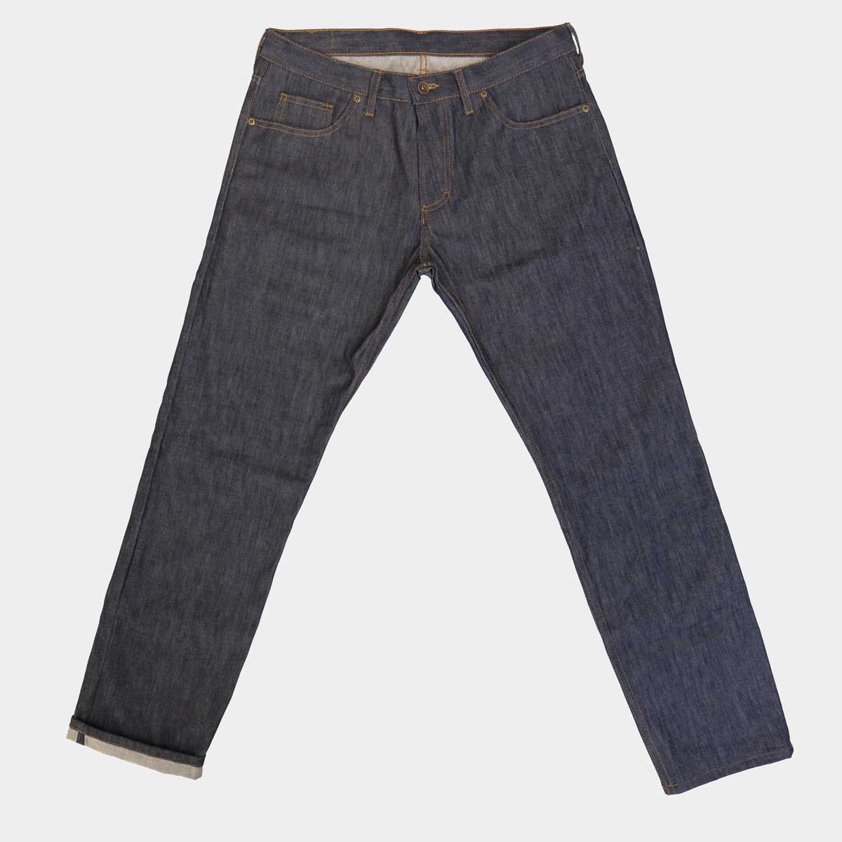 Close-up of the selvage edge on the outseam of the jeans.