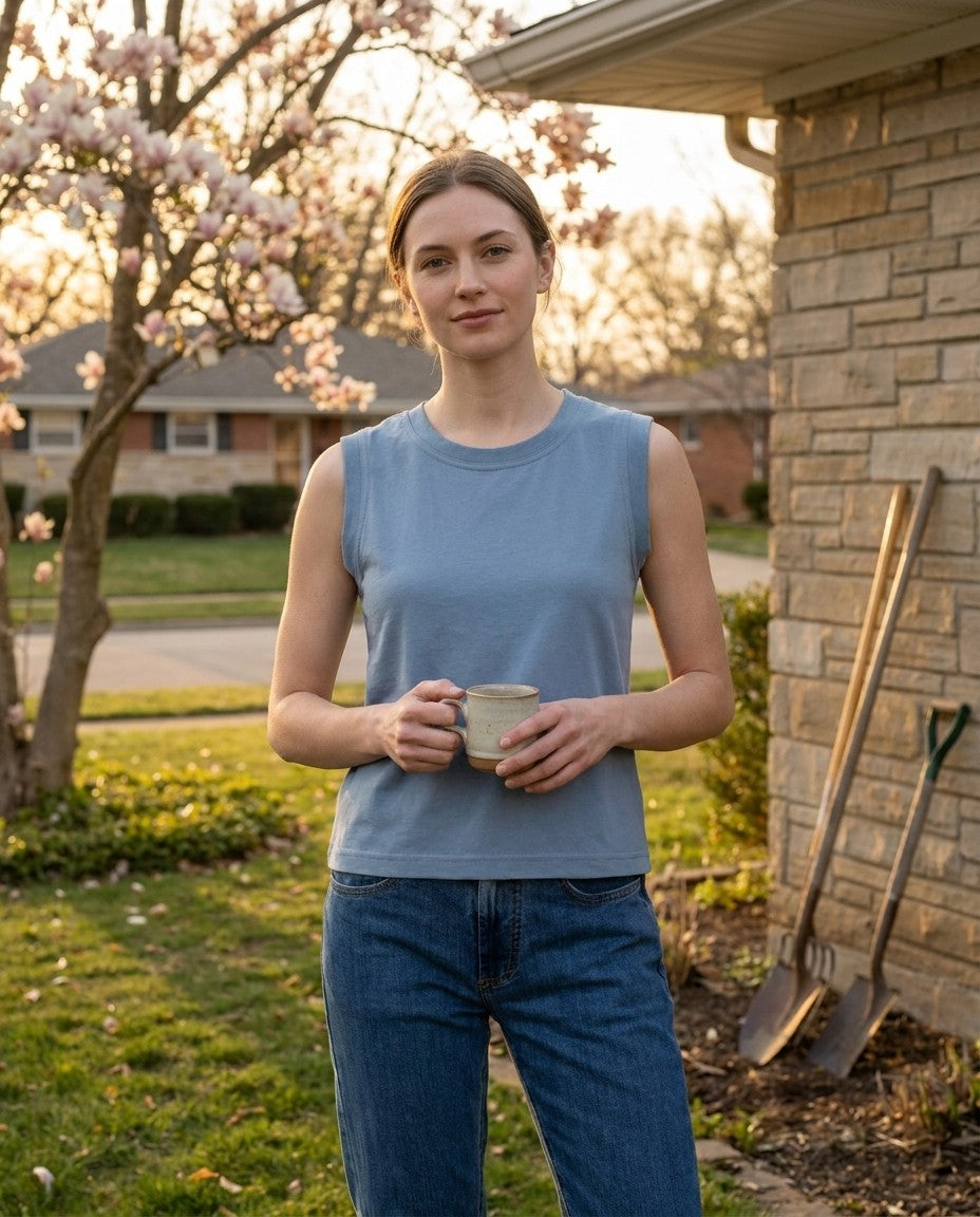 Blue sleeveless cotton top worn, showing the length just past the waist.