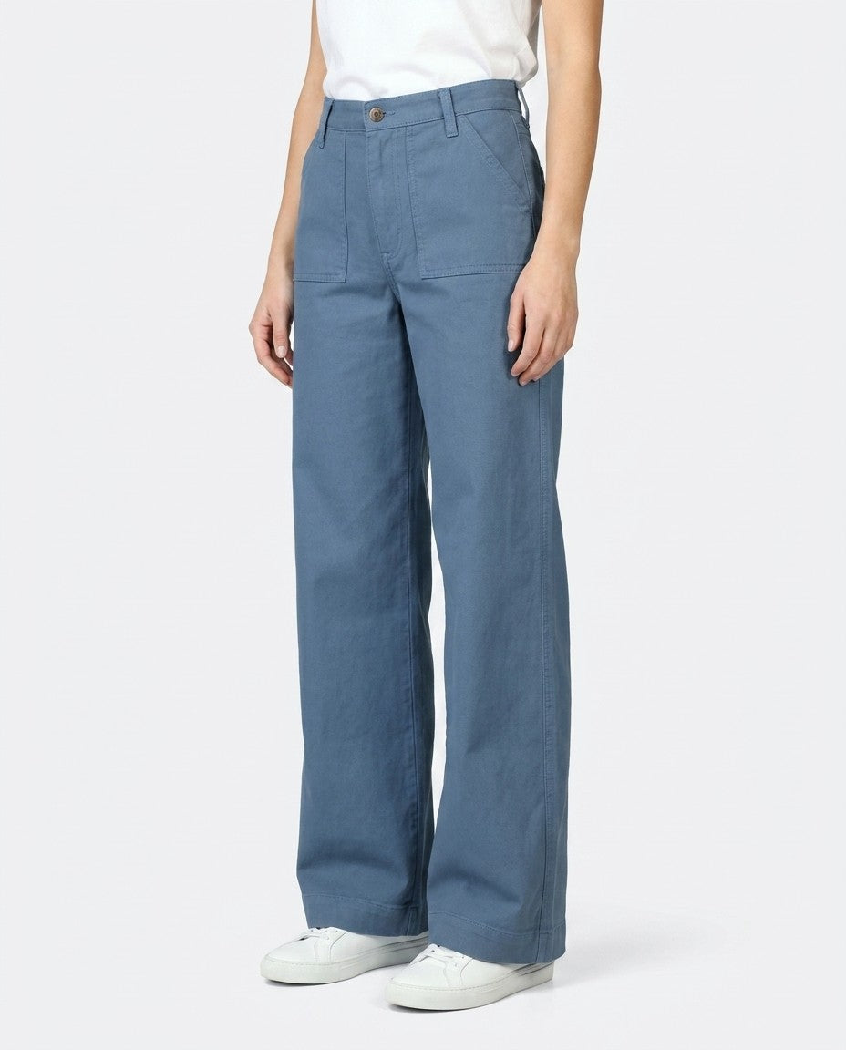 Detail of the 10oz brushed cotton denim fabric and stitching on the Palazzo jeans.