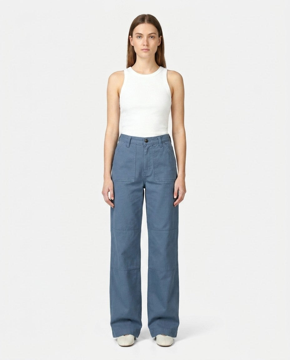 Side view of the wide leg opening and hem on the Palazzo jeans.